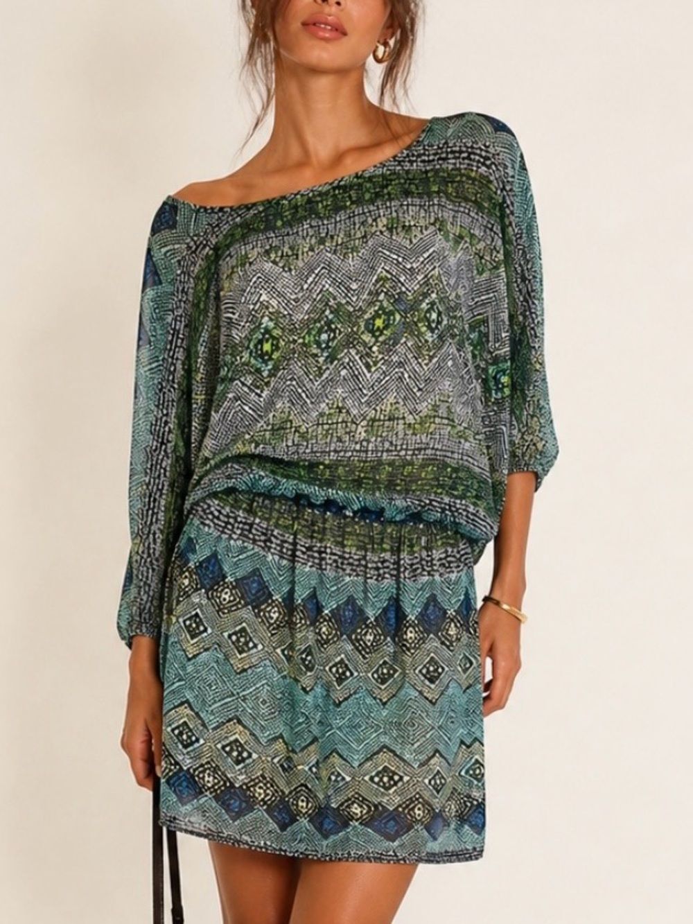 AQUA Patterned Blouson Dress / Swimsuit Cover Up in Teal and Olive Size S